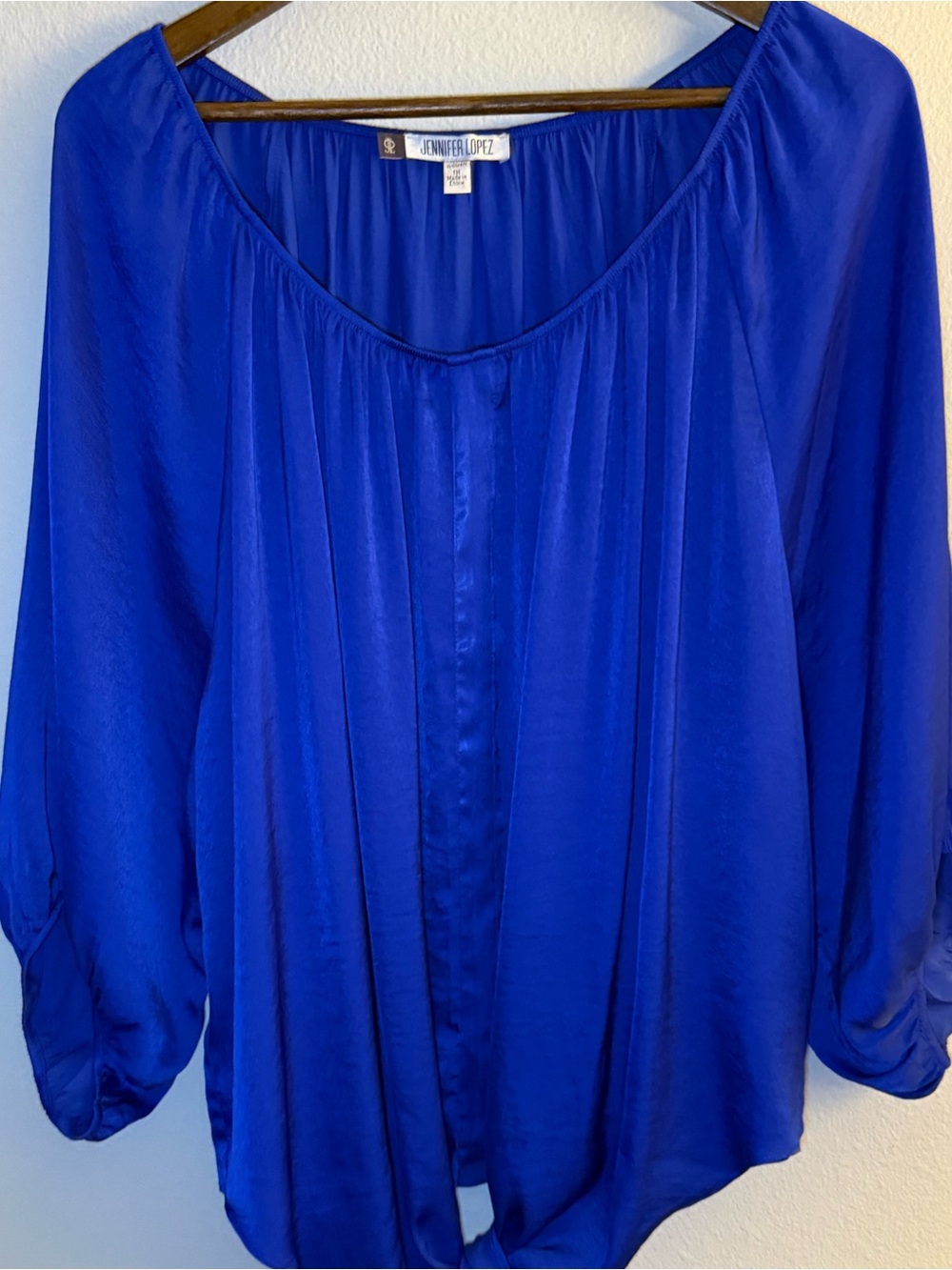Jennifer Lopez Cobalt Blue Tie-Front Peasant Blouse